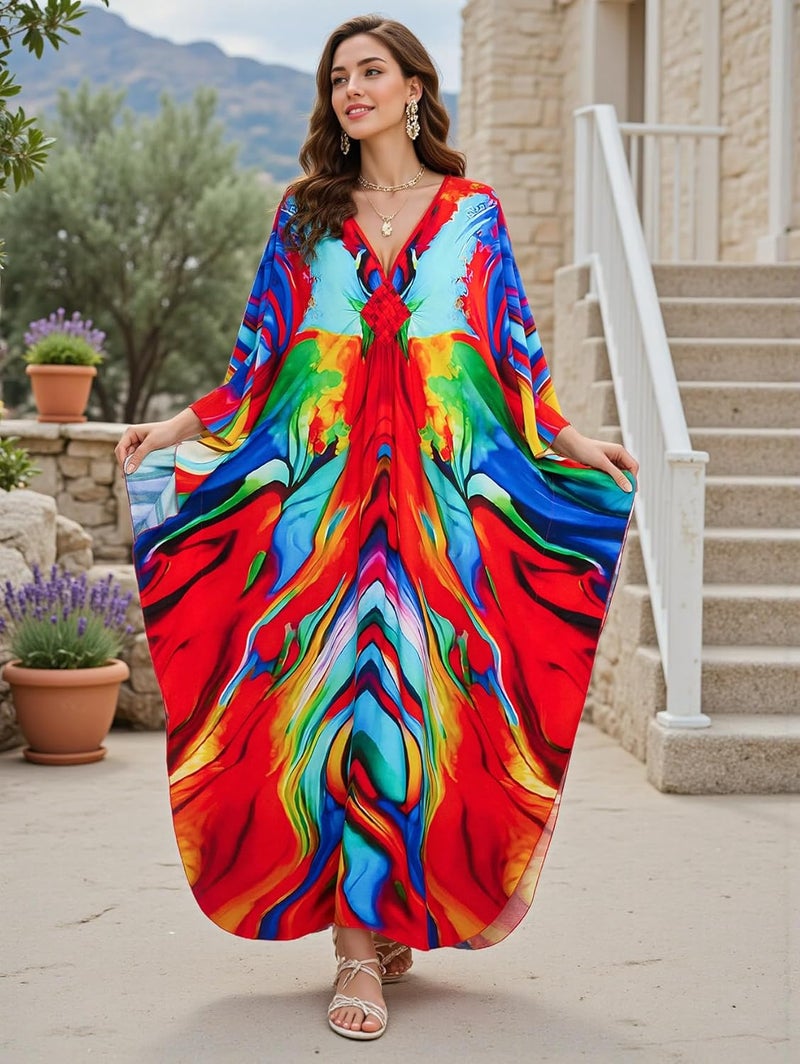 IMAGEKOPE Women's Plus Size Animal Print V-Neck Batwing Kaftan Beach Dress Bathing Suit Cover-Up Loungewear - Image 3